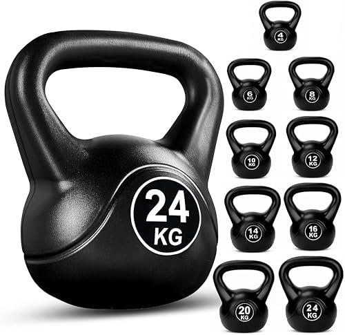 FK Sports Kettlebells | Heavy Weight Vinyl Kettlebells for Exercise Home Gym Workout | 4kg, 6kg, 8kg, 10kg, 12kg, 14kg, 16kg, 20kg, 24kg Kettlebell Weight for Women & Men (Black, 24 KG)