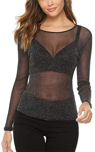 EMOTTOS Tops de Encaje Sexy de Las Mujeres, Brillante Slim Fit Malla de Tul Ver a través de Manga Larga, Cuello Redondo Ver a través de Camisas para Las Mujeres, Mujer Sexy Clubwear(C2-Black)