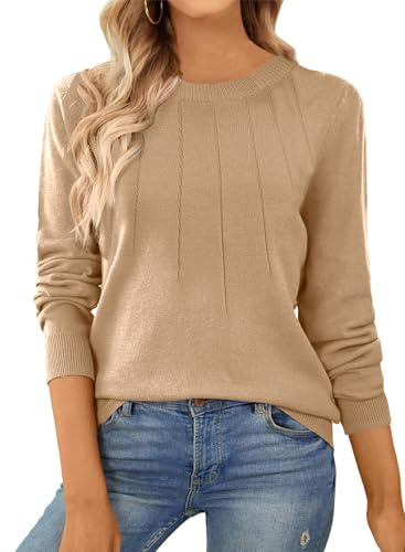 SHEWIN Fall Sweaters for Women 2026 Casual Long Sleeve Pullover Tops Loose Crew Neck Lightweight Knit Sweater Womens Clothing,US 8-10(M),Khaki
