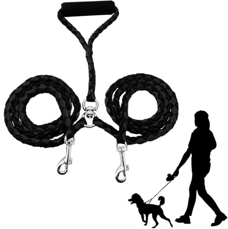 Dokeno Dubbelt hundkoppel, dubbelt nylonkoppel, dubbelkoppel för hundar utan trassel, med två vadderade handtag, multifunktionellt koppel för två hundar promenader 140 cm (svart)