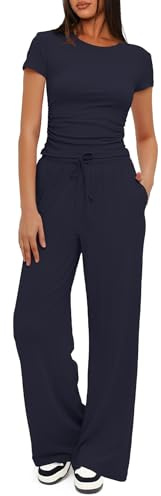 Darong Women's Two Piece Outfits Lounge Sets Ruched Short Sleeve Pullover Tops and High Waisted Pants Tracksuit Sets 9042A Dark Blue S