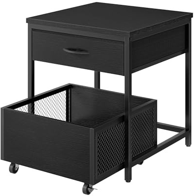 CHOEZON End Table, 19.7 Inch Square Side Table, Mini Fridge Stand with Storage, Nightstand with Mobile Basket Cart, for Living Room, Bedroom, Black TBZ55BB