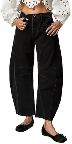 Sawmew Barrel Jeans Femme Baggy Casual Boyfriend Taille Moyenne Jambe Large Denim Cheville Pantalon Vintage Loose Jeans Court Fuselé Jeans Printemps Loisirs Jeans(Black,XL)