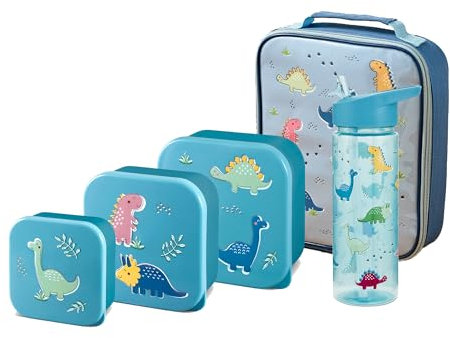 Boys Lunch Bag Set, Dino Straw Sipper, 3 Pack Nested Boxes, Tiny to Tots Unisex Multicompartment Storage School Lunch Food Set, 500ml Water Bottle (Dino Nested Boxes + Lunch Bag + Straw Sipper)