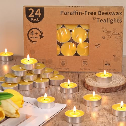 24 Packs Beeswax Tealight Candles, Pure Beeswax Tea Lights Candle, Natural Organic Tealights Candles Unscented Smokeless Clean Burning with 4 Hour Burn Time
