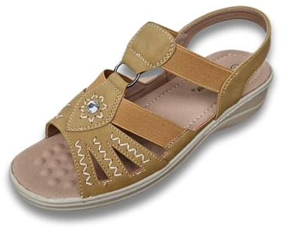 Kudde promenad damer falskt läder öppen tå T bar slunga tillbaka lätt elastisk strappy gladiator sommarsandaler, Senap, 41 EU