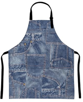 Y YIHANGBEST Denim Patchwork Aprons with Pockets Fabric Apparel Indigo Miscellaneous Women/Man Apron for Kitchen Cooking Chef Server Waitress,Gifts for Adults Friend Dad Mom,27 * 31 Inch