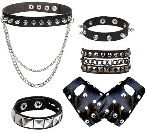 Bettinay 5 Pcs Emo Accessories Set, Goth Choker Studded Bracelet Punk Fingerless Leather Gloves for Woman Man Fancy Dress Halloween