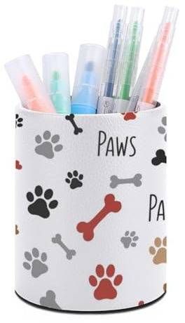 Office Round Pen Holder Cup, PU Leather Desk Storage Container Organizer for Pencils Markers Scissors Stationery Supplies, Dog Paw Bones Print Pencil Cup