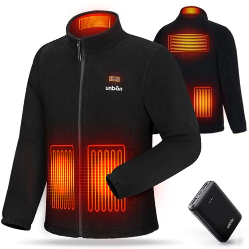 UNBON Veste Chauffante Homme, Veste Polaire Chauffante Homme avec Batterie USB 10000mAH, Manteau Chauffant 3 Températures 6 Zones de Chauffe, Blouson Chauffant Manche Longue pour Moto Travail Noir M