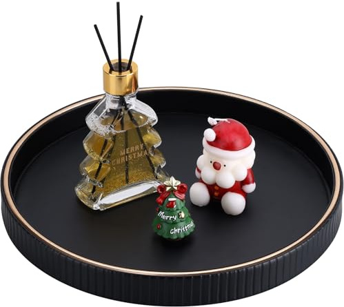 KINGFOM Plateau rond, assiette à bougies, grand plateau en cuir synthétique, assiette de parfum, décoration de table basse, plateau de service décoratif, accessoires de table à manger, 30 cm (noir)
