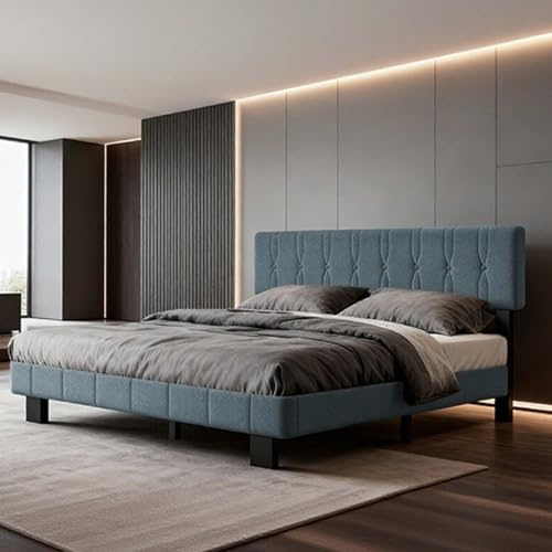 Lit Double 140x200 cm, Cadre de Lit avec Tête de Lit Rembourrée et Réglable, Tissu en Peluche, Confortable, Sommier à Lattes, Cadre Métal, Structure Stable, Espace de Rangement, Pratique, sans Matelas