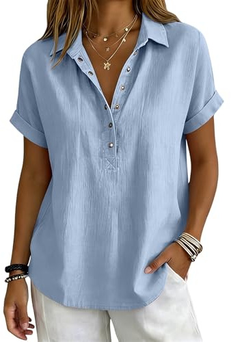 2026 Camisa Mujer de Lino Manga Corta Cuello en V Botones Camiseta Blusa Polo Ligero Verano Moda Casual Color Sólido Cómoda Suelto Oficina Tops Elegante Fiesta Basic tee Transpirable