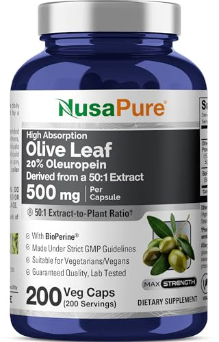 NusaPure Olive Leaf Capsules 500mg, 200 Veg Caps (Non-GMO, Vegan, Non-GMO)