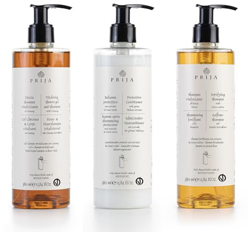 Prija - Haarset mit Ginseng-Extrakt - 3 x 380 ml Aufbaushampoo, Haarshampoo, Conditioner - Haar & Körper - Parabenfrei - Dermatologisch getestet