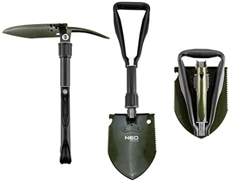 NEO Tools - Pala pieghevole con cinque funzioni in uno, vanga, piccone, apribottiglie, sega, chiave a bussola da 10 mm, sacchetto per trasporto e Au