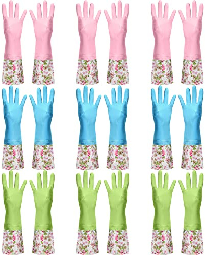Mimorou 9 Pairs Household Dishwashing Rubber Gloves Long Cuff and Flock Lining Cleaning Gloves Reusable Waterproof