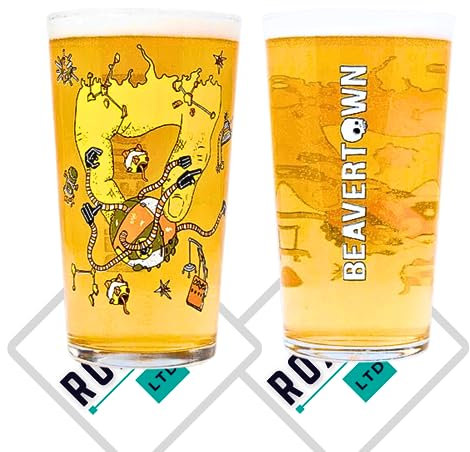 Roxley Beavertown Nanobot Pint-Glas Biergläser, 2 Stück, mit 2 Marken-Bierdeckeln