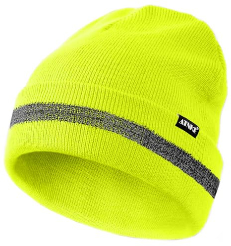 ATNKE Reflective Beanies Safety High Visibility Winter Thermal Knitted hat with Reflective Stripe Suitable Outdoor Work Sports Yellow