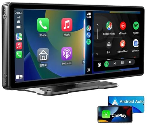 Moniteur de Voiture Portable sans Fil Apple CarPlay et Android Auto, Haut-Parleur intégré, écran Tactile de 9,3 Pouces, stéréo de Voiture Bluetooth Portable, Mirror Link/AirPlay/Siri/émetteur FM