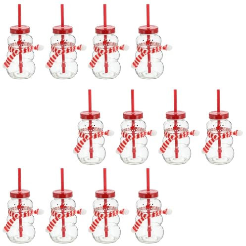 Novaliv 12x Tassen Glühwein 260 ml Personalisierte Weihnachtstasse mit Trinkhalm - Schneemann als Glühweinbecher - Weihnachts Motiv Tasse mit Deckel und Strohhalm Weihnachtstassen Handwärmer Mugs