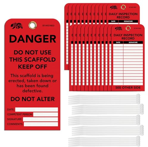 BearTOOLS Scaffold Tags - Safety Inspection Kit with Cable Ties - Danger Scaffold Status Warning Sign - Laminated 3 x 6 in, Pack of 25 - Weatherproof, Tear-Resistant - Red Tags