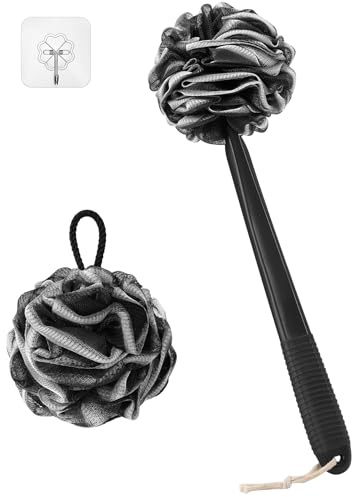ROLIZOE Ensemble d'éponges en luffa avec poignée, poignée en plastique antidérapante de 43,2 cm pour douche, douche à main et luffa sur un bâton, noir avec bord blanc