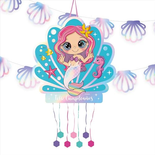 OH YEAH - Piñata de Cumpleaños Infantil Sirena con Guirnalda - Piñata Cumpleaños Grande - Guirnalda Sirena - Decoración Fiesta Infantiles - Piñata 44 x 44 cm - Guirnalda 2,5 m - FÁCIL MONTAJE