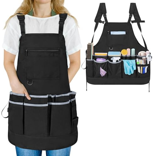 Rexmica Cleaning Apron for Housekeeping, Water-resistant HouseCleaning Apron with Multiple Pockets for Women and Men, Adjustable Work Apron for Cleaning Work Tools, Black