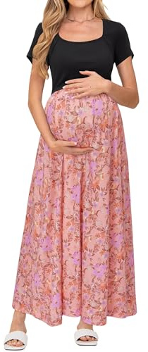 OUGES Maxi Maternity Dress for Women UK Ladies Short Sleeve Nursing Summer Dresses with Pockets