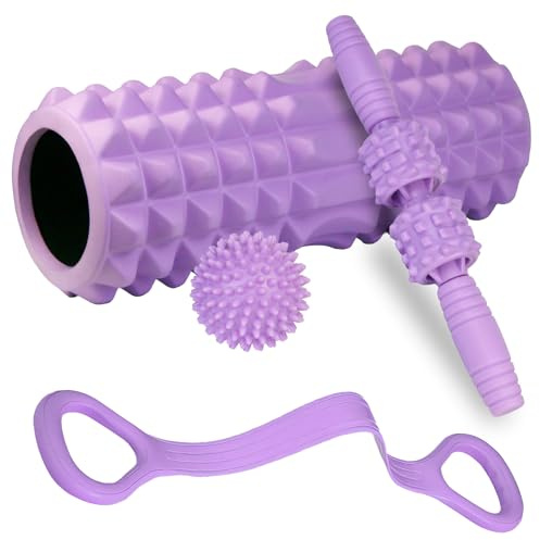 Foam Roller Set for Muscle Relief and Recovery (Purple), Muscle Roller Stick, Massage Ball, Figure 8 Resistance Band, Massage Roller, Deep Muscle