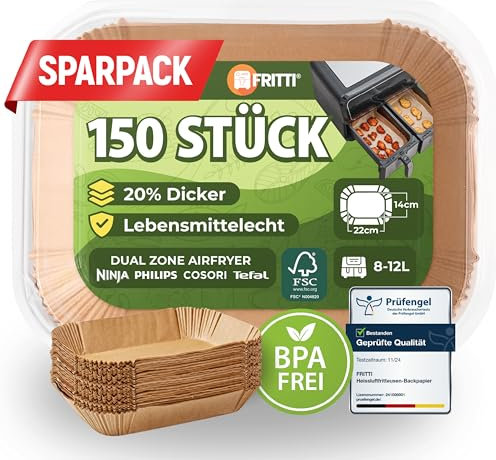 FRITTI Ninja Lot de 150 feuilles de papier sulfurisé pour friteuse à air chaud - Certifié DEKRA - 22 x 14 cm - Rectangulaire - Compatible avec accessoires Dual Zone Airfryer 8 - 12 l