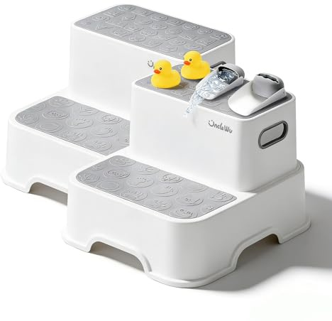 2-Pack Step Stool for Kids with Faucet Extender & Duck Toys - Non-Slip Toddler Stool for Bathroom Sink, Potty Training & Kitchen - Heavy Duty 200lbs Foot Stool for Adults (Grey)