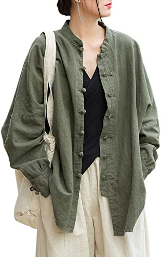 Aeneontrue Women's Linen Oversized Blouses Vintage Long Sleeve Jackets Loose fit Chinese Frog Shirts Green Medium
