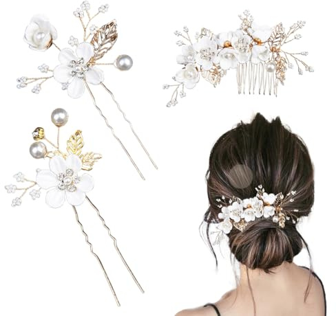 YAPKOLV Pettini per capelli da sposa, 3 pezzi, Cristalli e perle, Fiore e perle, Fermaglio capelli sposa, Accessorio per capelli da sposa per donne e ragazze (Bianco)
