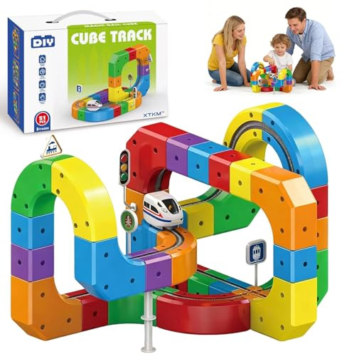xinrongda Clickrail - Juego de tren eléctrico, juego de pistas de trenes magnéticos, juguete de fusión de seguimiento, pista de cubo de bricolaje con trenes motorizados, juguete de seguimiento de