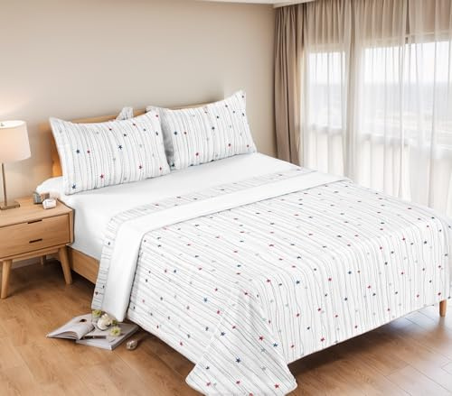 Etrexonline Conjunto de Sábanas 3 Piezas Cama 90 cm - Microfibra Ultra Suave Incluye 1 Bajera 90x200+28 cm, 1 Encimera 160x270 cm, y 1 Fundas de Almohada 50x110 cm - Color Estrellas Azul Rojo