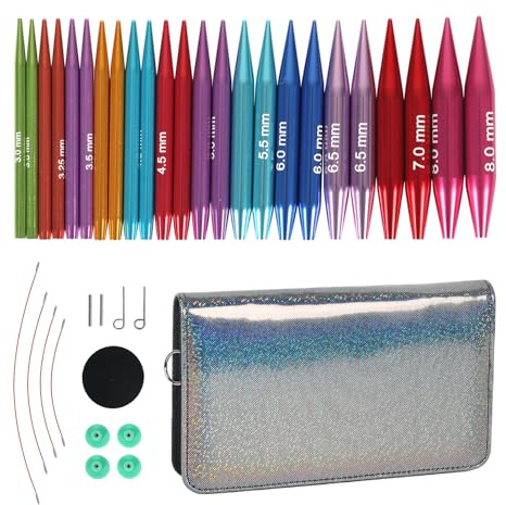 Juego de agujas circulares intercambiables con 12 pares de agujas de tejer cortas de aluminio (5,5 cm) de grosor 3-8 mm para calcetines, incluye cables, accesorios, bolsa