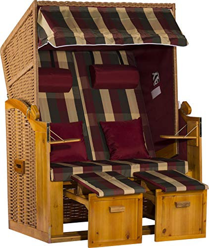Webavita Strandkorb Ostsee | 2-Sitzer Volllieger Bausatz | Geflecht: Natur, Bezug: Rot-Grün kariert | Beach Chair für Garten Terrasse Balkon