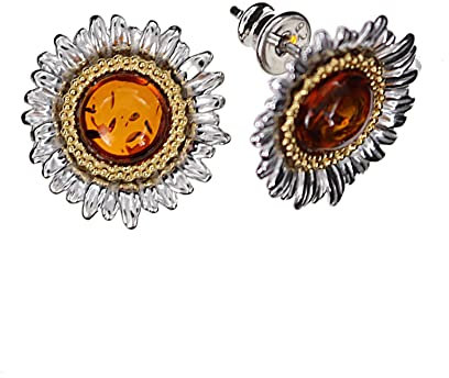 Bernstein Ohrringe, elegante Ohrstecker Sonnenblume mit Bernstein, Fassung 925/000 Sterling Silber teils rhodiniert, teils vergoldet von Artisana-Schmuck