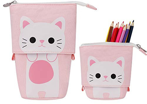QH-Shop Federmäppchen Große Kapazität Stehen Leinwand Reißverschluss Mäppchen Niedlich Katze Make-up Tasche Teleskopisch Bleistifthalter Beutel für Schule Büro (Rosa)