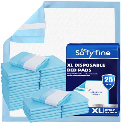 SOFYFINE Bed Pads with Adhesive Strip 30x36 Thicken Elderly Adults Incontinence Underpads Disposable,Heavy Duty Absorbent Chucks Waterproof,XL Extra Large Puppy Pee Training Pad[25 Pads]