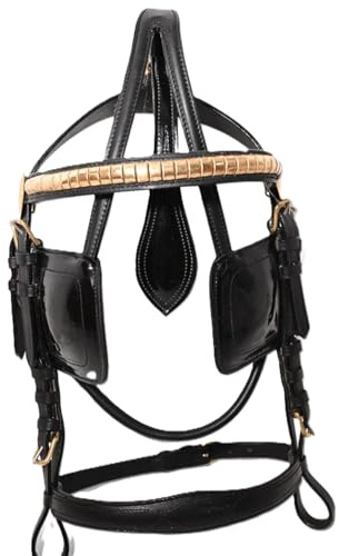 NEW DRAFT HORSE LEATHER DRIVING HARNESS BRIDLE PATENT LEATHER GOLDEN FITTING (BLACK COLOUR) (COB)