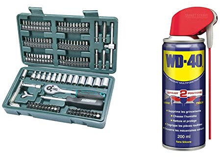 Mannesmann Coffret de douilles et embouts & WD-40 • Produit Multifonction • Spray Double Position • Sans Silicone • Non Conducteur • Compatible Plastiques, Caoutchoucs, Tous Métaux • 200 ML