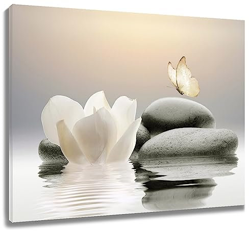 EOBTAIN Zen Seerose Leinwand Wandkunst Weiß Blumen und gelber Schmetterling auf Stein Schlafzimmer Wanddekoration Moderne spirituelle Yoga Spa Malerei Bild Kunstwerk Badezimmer Dekor 50,8 x 40,6 cm