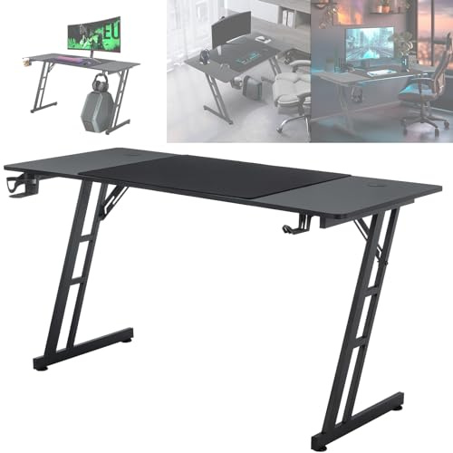 ACXIN 120x60 cm Gaming Tisch, Ergonomischer Z-förmiger Computertisch mit Kopfhörerhaken, Getränkehalter und Kohlefaser-Optik, Gaming Schreibtisch für PC, Laptop und Spiele - Schwarz