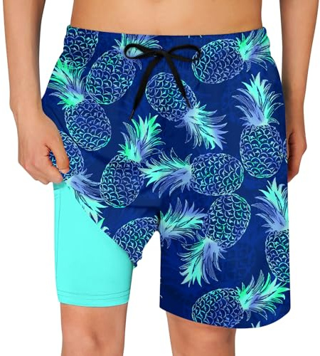 Dancinova Badshorts för pojkar, badbyxor, barn, kompression, foder, badshorts, snabbtorkande simbyxor med boxershorts liner 7–16 år, Blå ananas, 14-16 år