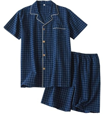 Duohropke Pijama corto de algodón para hombre, con botones, verano, dos piezas, camiseta de manga corta, pantalones de pijama, conjunto de ropa de noche, marine, XL