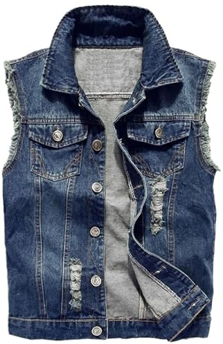 Momooda Homme Gilet en Jean Déchiré en Coton, Coupe ajustée, Veste Denim sans Manches décontractée en détresse, Bleu, X-Large