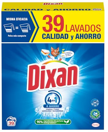 Dixan Polvo Total 4+1 Detergente Universal en Polvo para Lavadora (39 lavados). Jabón en polvo para lavar ropa blanca y de color. Limpieza, luminosidad, frescor y sostenibilidad.